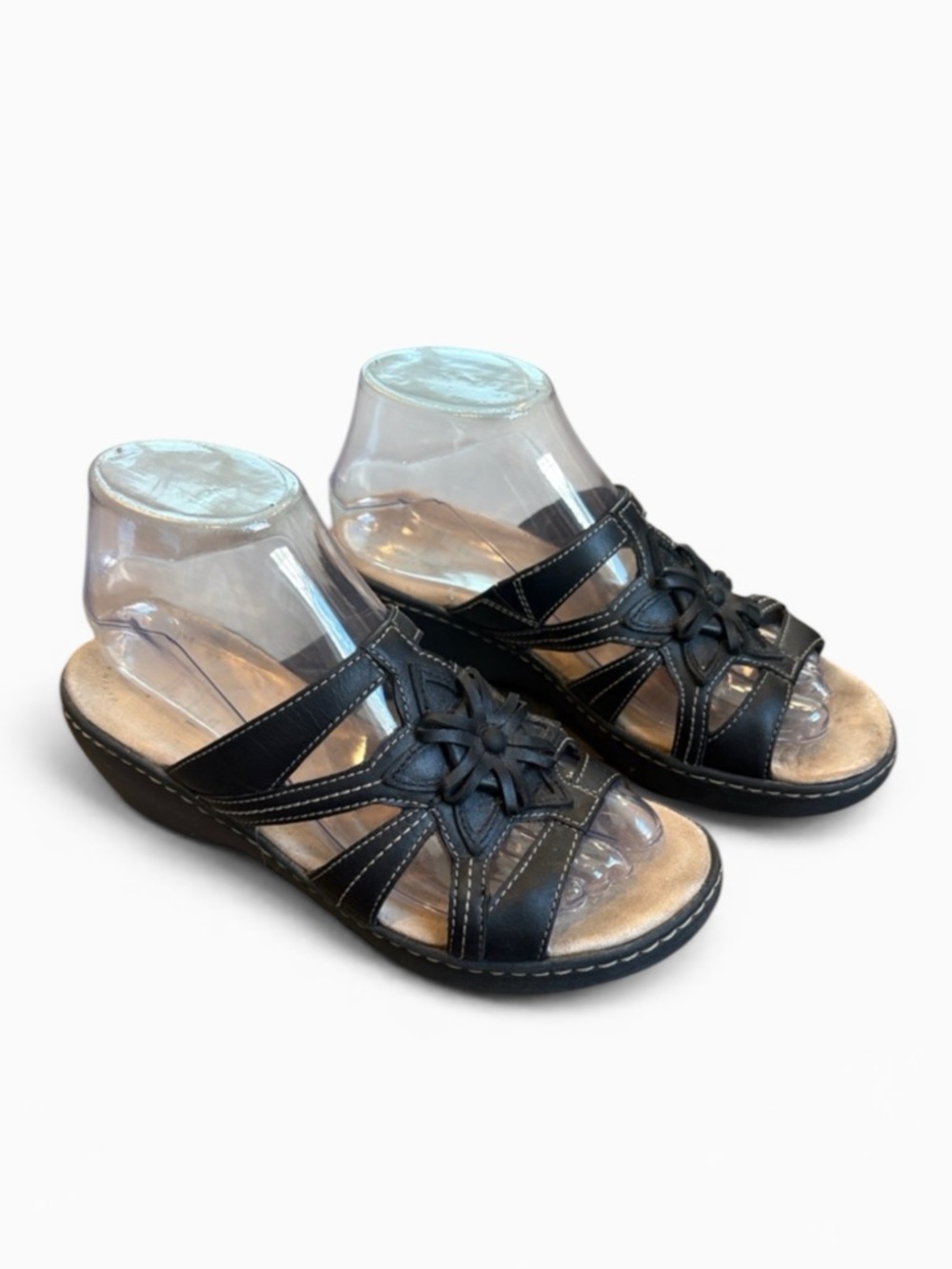 Clarks Delana Venna Slip-On Sandals Women’s 7.5 Black Leather Floral